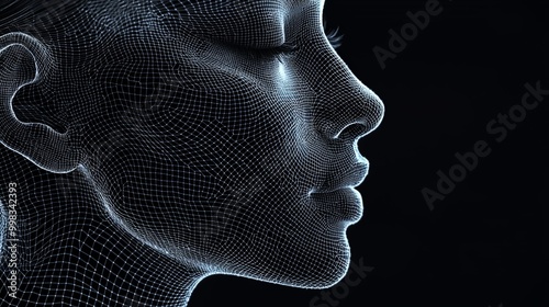 Digital illustration of an enigmatic wireframe head, composed of translucent luminous lines, capturing the essence of futuristic technology and human contemplation.