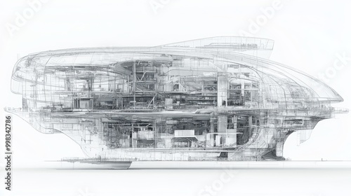 Cross-section CAD drawing of a huge building, future brutalism skyskribers style, with multiple towers and floors, white background, technical blueprint photo