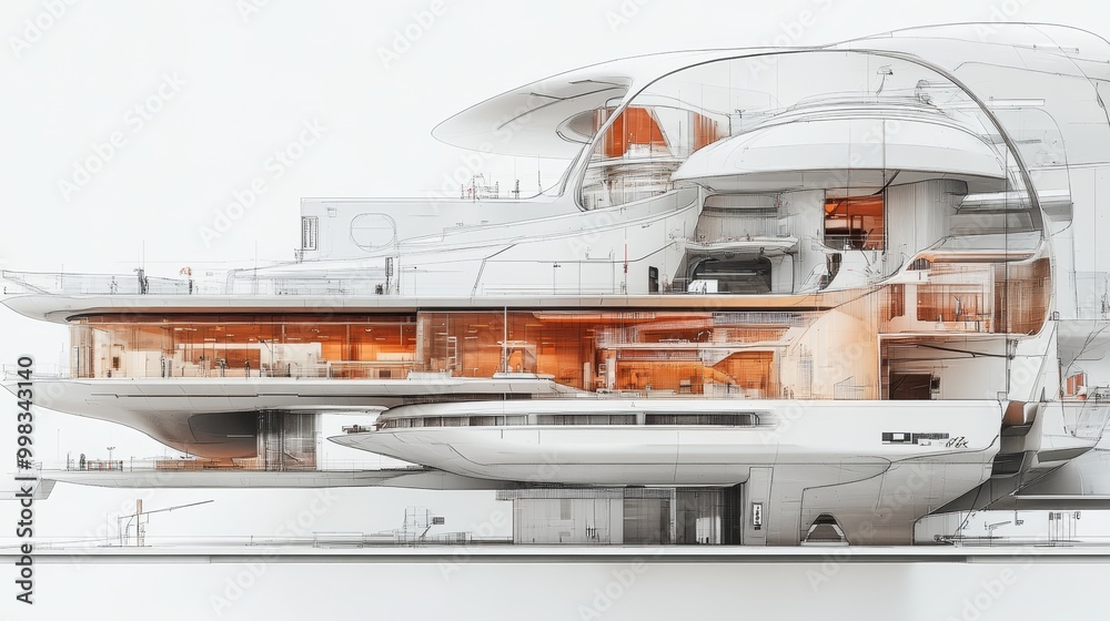 Cross-section CAD drawing of a huge building, future brutalism ...