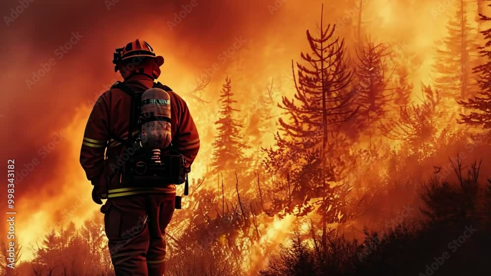 Brave firefighter confronts intense wildfire in forest inferno Brave firefighter confronts intense wildfire in forest inferno