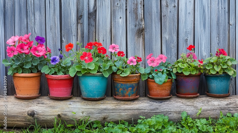 Charming row of vibrant flower pots brimming with pelargonium blooms adorns a rustic wood log, nestled against a weathered fence. This quaint garden decor evokes a cozy cottagecore aesthetic Charming row of vibrant flower pots brimming with pelargonium blooms adorns a rustic wood log, nestled against a weathered fence. This quaint garden decor evokes a cozy cottagecore aesthetic