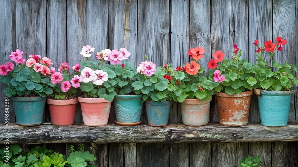 Fototapeta premium Charming row of vibrant flower pots brimming with pelargonium blooms adorns a rustic wood log, nestled against a weathered fence. This quaint garden decor evokes a cozy cottagecore aesthetic