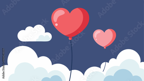 Heart shaped balloons in the clouds. Valentine's Day background.