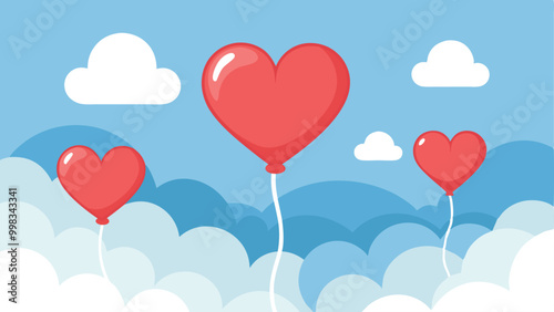 Heart shaped balloons in the clouds. Valentine's Day background.