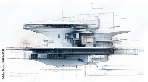 Cross-section CAD drawing of a huge building, future brutalism skyskribers style, with multiple towers and floors, white background, technical blueprint photo