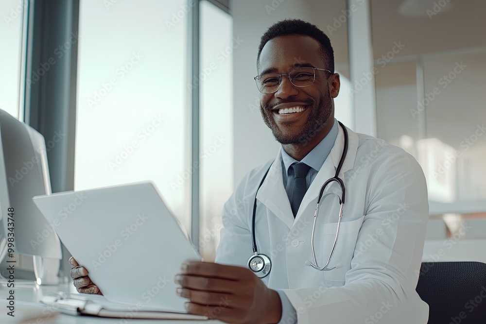 Smiling Doctor in a White Coat Reviews Medical Documents in a Modern Office Setting During Daylight Smiling Doctor in a White Coat Reviews Medical Documents in a Modern Office Setting During Daylight