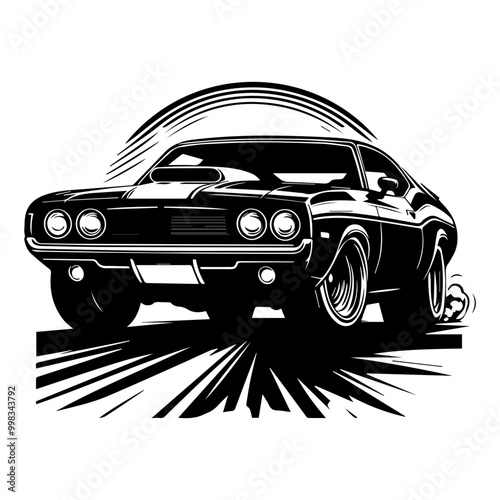 Bold Silhouette of 1970s American Muscle Car Design for T-shirt Graphics
