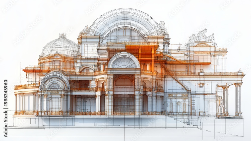 Cross-section CAD drawing of a huge building, future brutalism skyskribers style, with multiple towers and floors, white background, technical blueprint Cross-section CAD drawing of a huge building, future brutalism skyskribers style, with multiple towers and floors, white background, technical blueprint