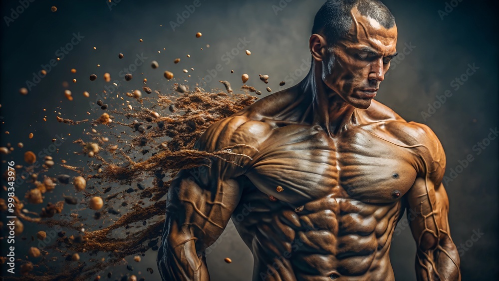Muscular warrior disintegrating into particles, symbolizing resilience, strength, and creative fantasy concepts. Muscular warrior disintegrating into particles, symbolizing resilience, strength, and creative fantasy concepts.