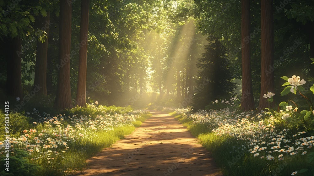 Obraz premium A sun-dappled path through a lush forest with wildflowers along the way.