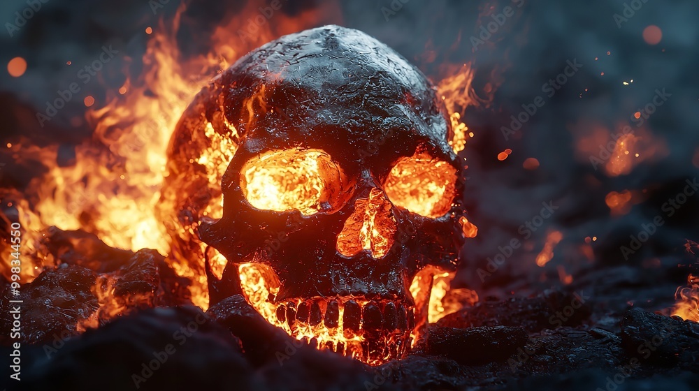 Fiery skull emerging from flames in a dark, dramatic setting Fiery skull emerging from flames in a dark, dramatic setting