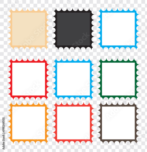 Blank postage stamps vector set isolated. Mark mail letter stamps design. Postal frame sticker