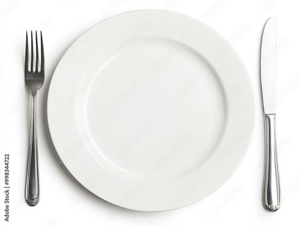 Isolated empty dinner plate with fork and knife, placed neatly on white Isolated empty dinner plate with fork and knife, placed neatly on white