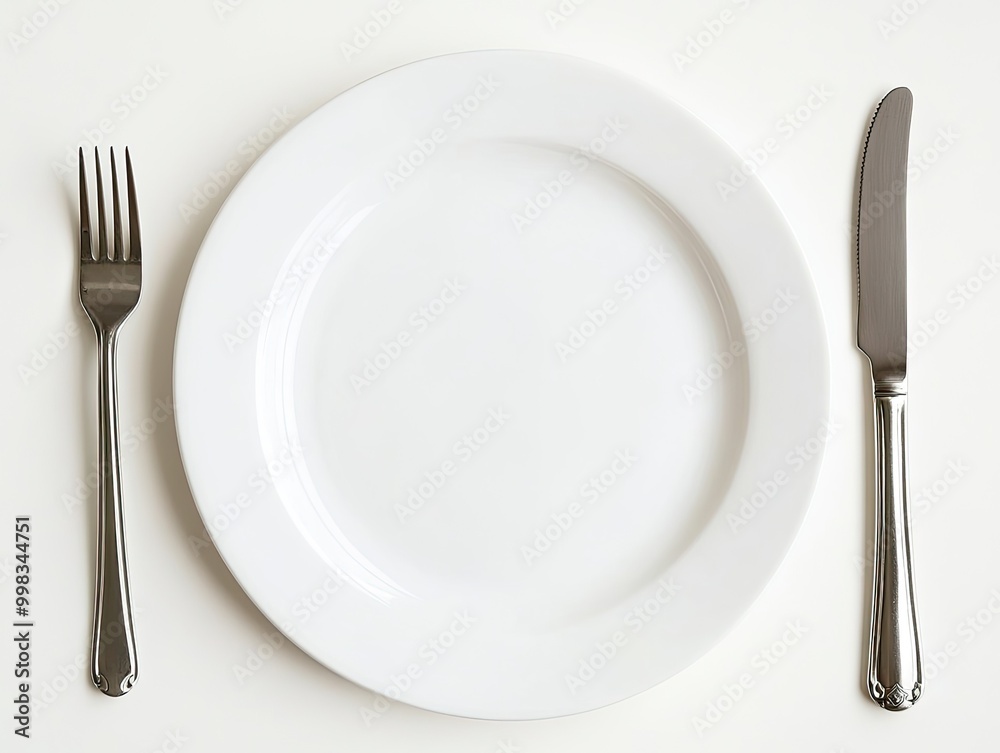 Isolated empty white plate with a fork and knife beside it, clean background Isolated empty white plate with a fork and knife beside it, clean background