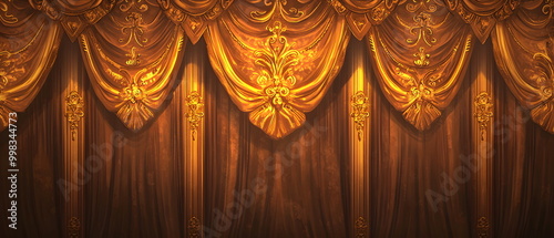 A flat vector illustration of a luxurious curtain backdrop for a stage play, with deep golden brown curtains featuring elaborate golden patterns. The curtains are fully closed, covering the stage 