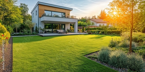 Stunning modern house with a beautiful garden under a warm sunset. Ideal for architecture and landscape photography.