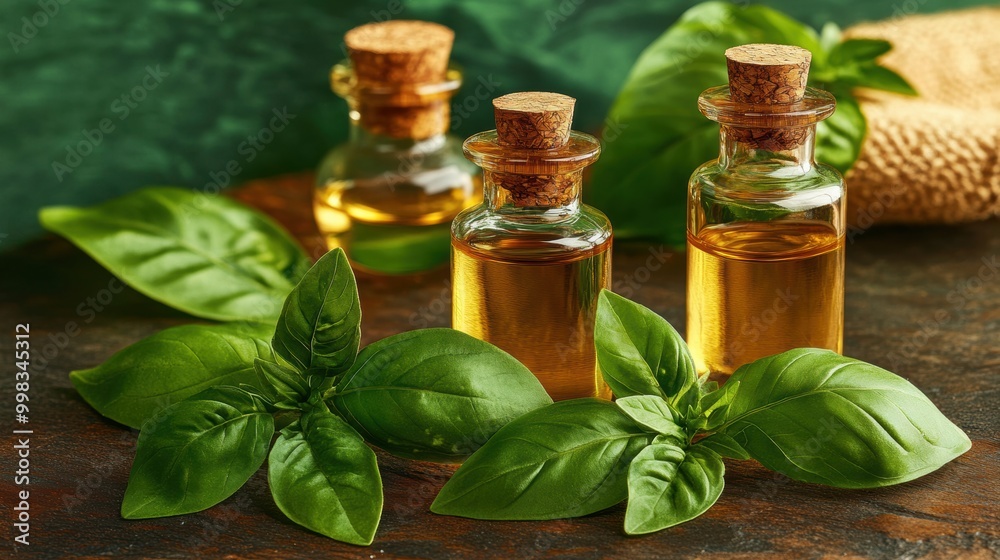 Fresh basil leaves with essential oils in glass bottles Fresh basil leaves with essential oils in glass bottles
