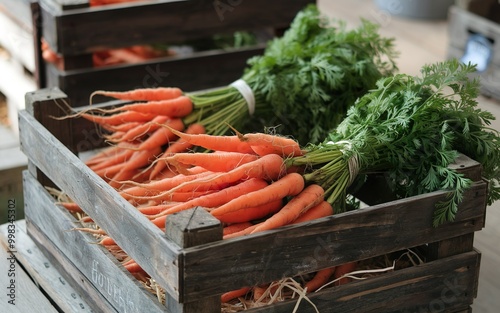 Wooden crate full of fresh carrots at market photo