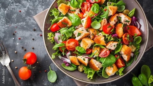 Top view of summer fresh salad with tomatoes, herbs and pieces of croutons.