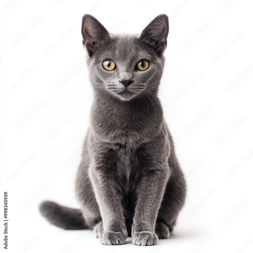 Isolated pet (gray cat) sitting calmly, white background with soft lighting Isolated pet (gray cat) sitting calmly, white background with soft lighting