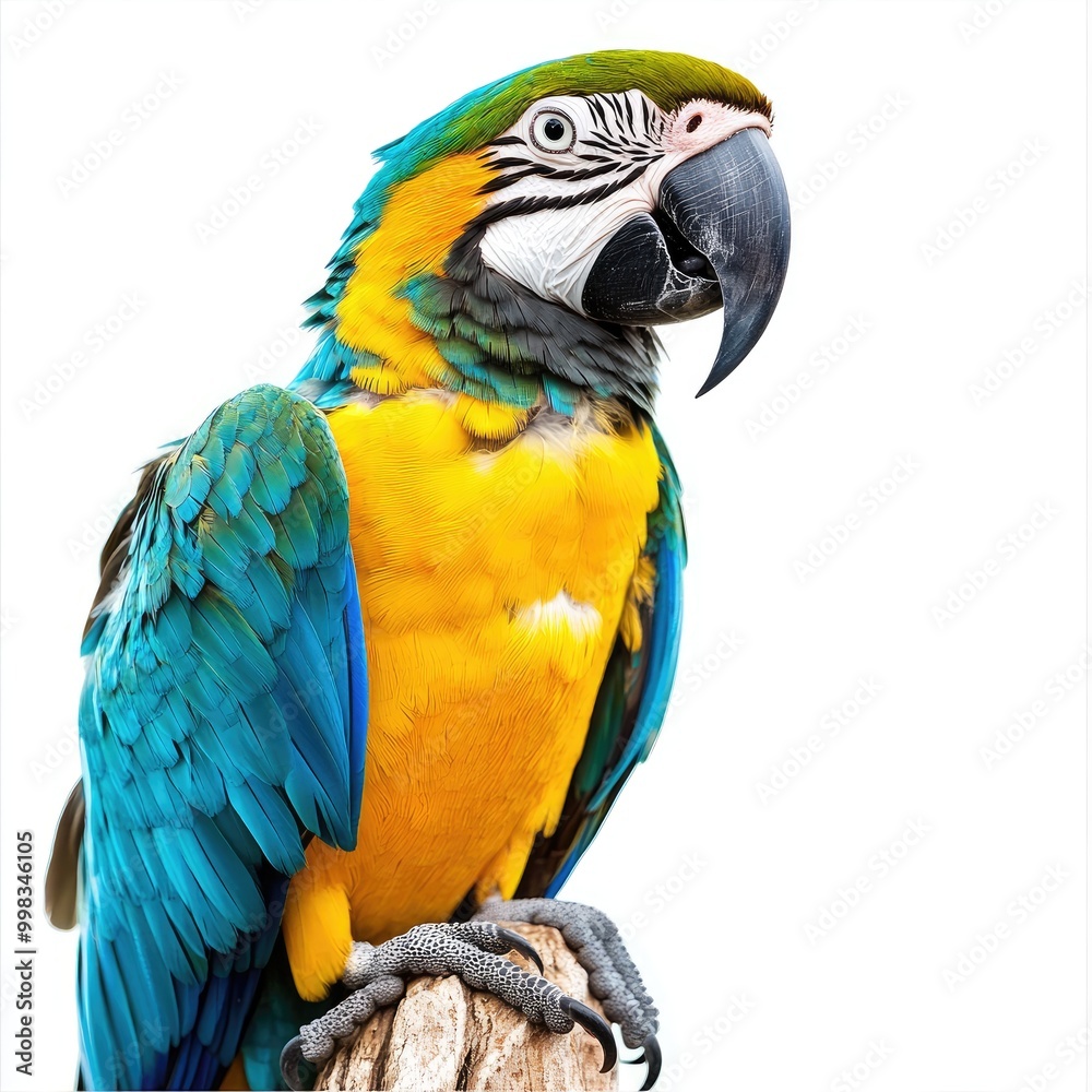 Isolated pet (parrot) on a perch, colorful feathers, white background Isolated pet (parrot) on a perch, colorful feathers, white background