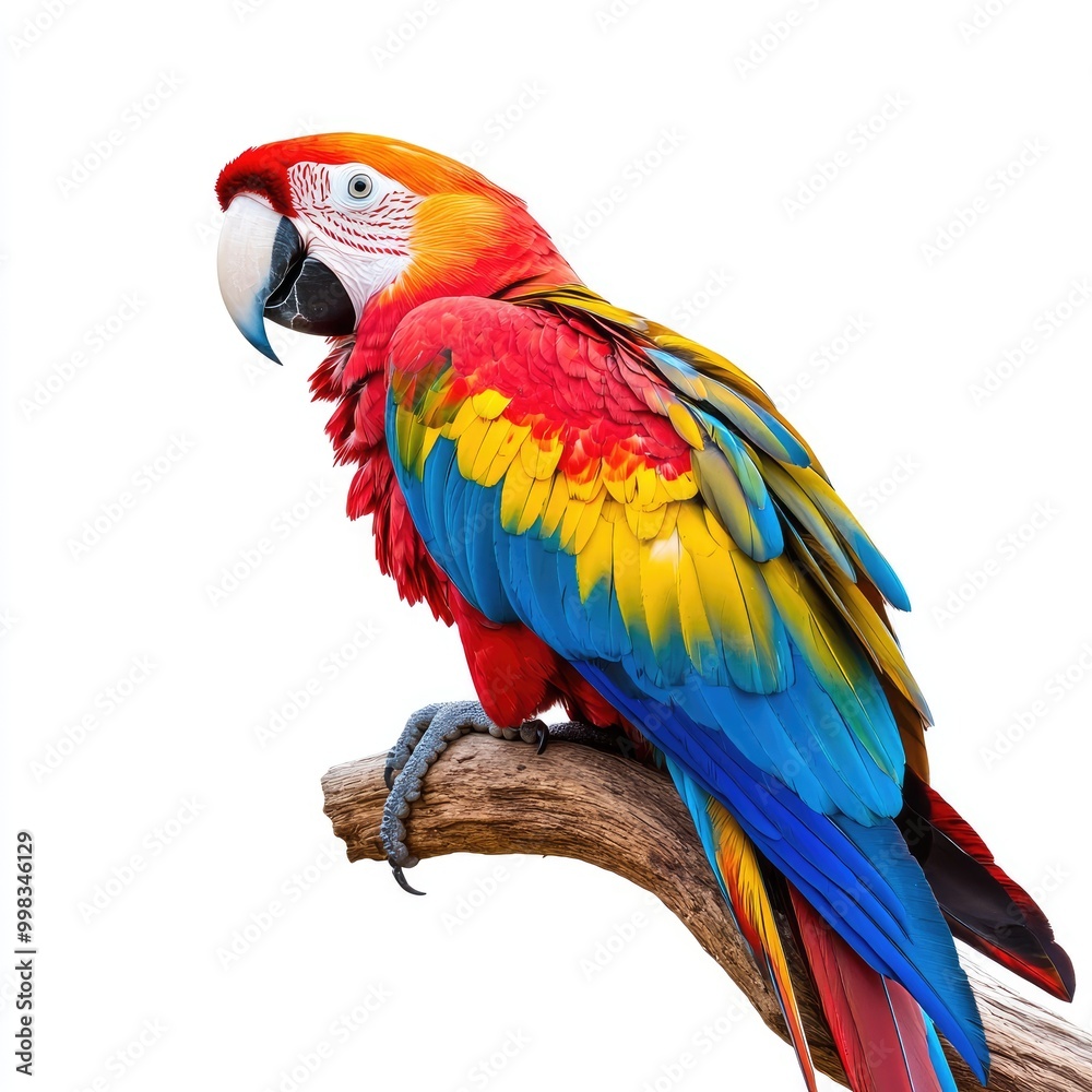 Obraz premium Isolated pet (parrot) on a perch, colorful feathers, white background