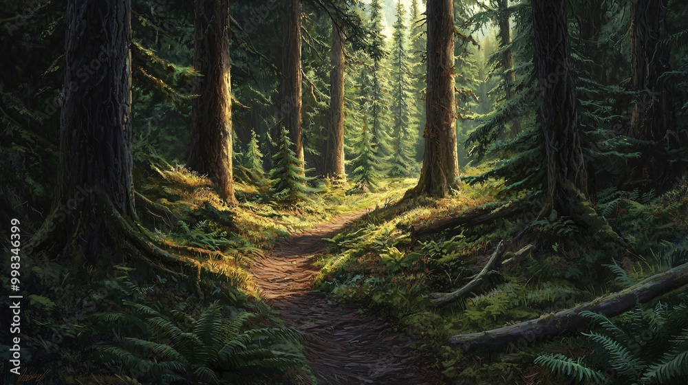 A sunlit path cuts through the heart of a lush, green forest. A sunlit path cuts through the heart of a lush, green forest.