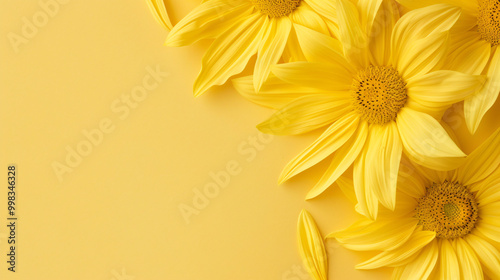 Yellow daisy flowers arranged in corner of yellow background.  Minimalist floral design.