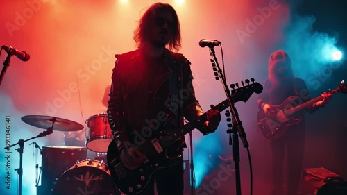 Energetic rock band performance in colorful smoke-filled atmosphere photo