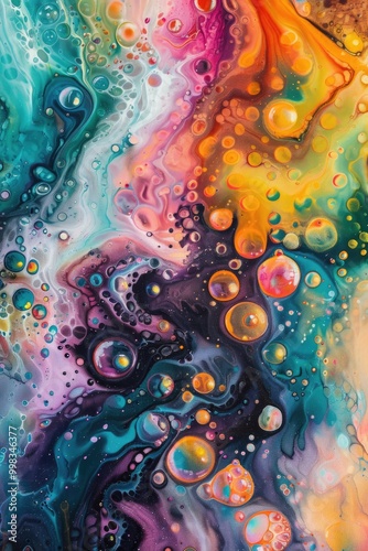 Colorful Abstract Art with Dripping Paint and Bubbles