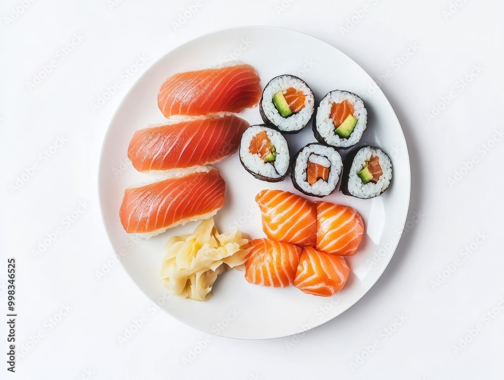 Isolated sushi plate, minimal design on a white background, clean presentation Isolated sushi plate, minimal design on a white background, clean presentation