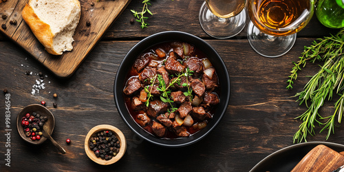 Flemish Stew (Stoofvlees) in black bowl on rustic wooden table photo