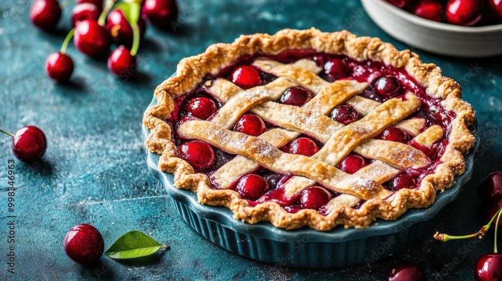Homemade cherry pie on rustic kitchen table