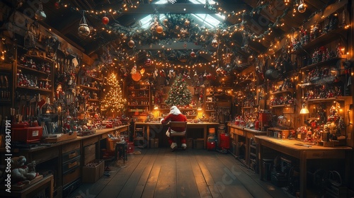 A photo of a workshop filled with toys, tools and Christmas magic, perhaps featuring Santa Claus working on Christmas preparations.