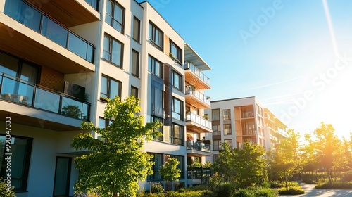 Contemporary luxury residential apartment. Modern building bathed in sunlight. Apartment complex against a clear blue sky. Facade of a state-of-the-art apartment building. 