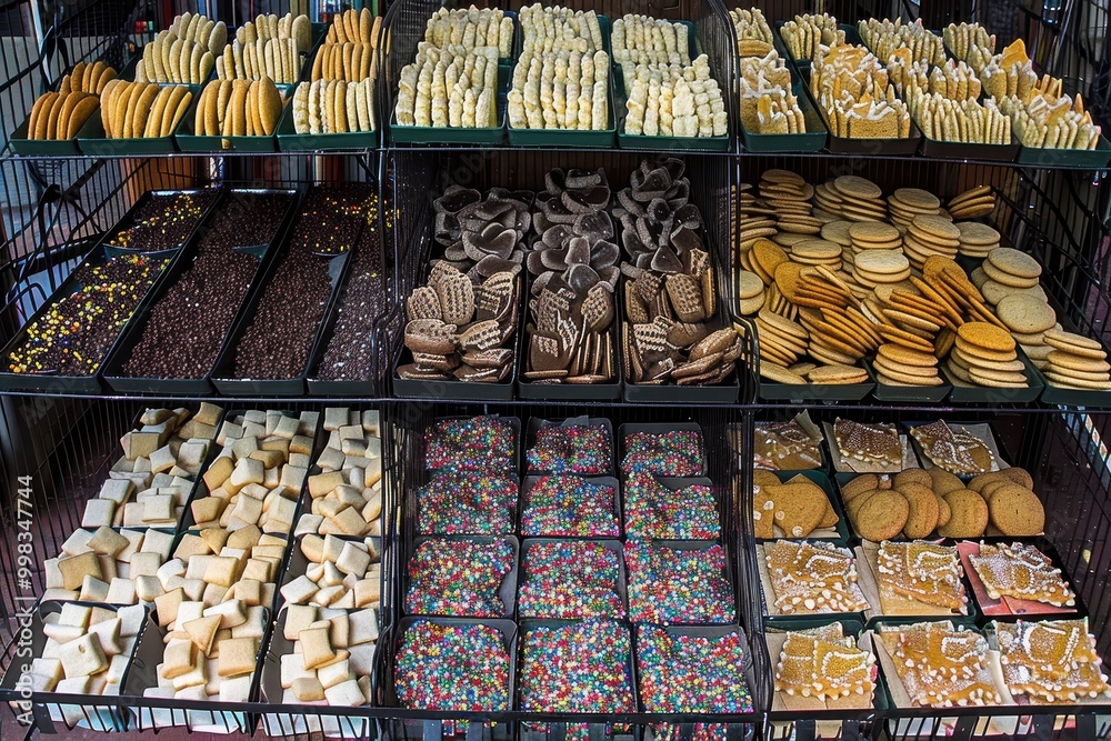 A display of cookies and other baked goods with a variety of colors and flavors A display of cookies and other baked goods with a variety of colors and flavors