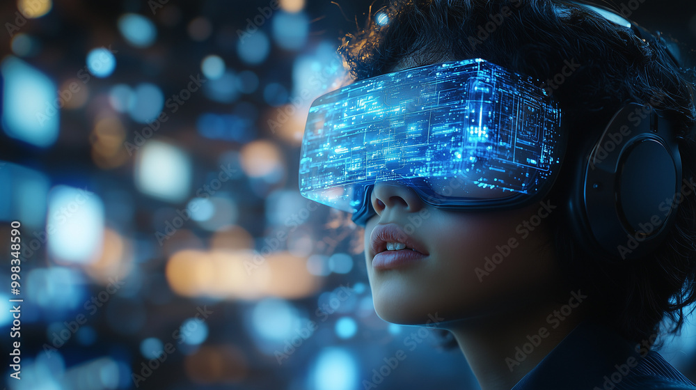 School student with VR headset using School student with VR headset using