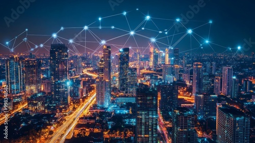 Energy Digitalization Smart city with Wireless network and Connection technology concept with Abstract Bangkok city background