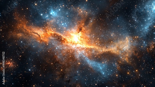 Exotic galaxy, star clusters, glowing nebulae, 3D illustration