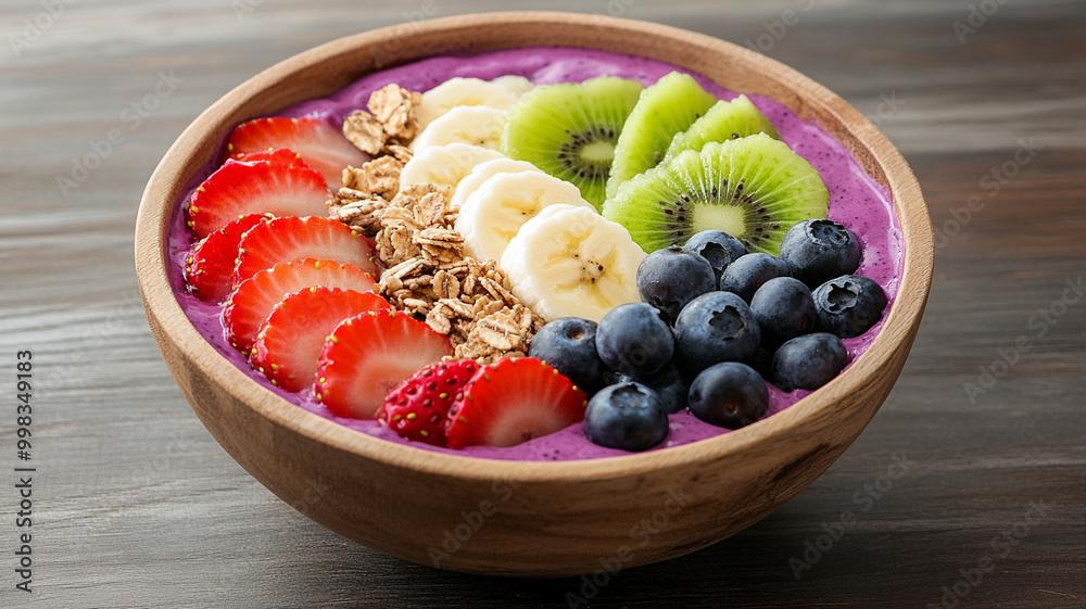 Delicious smoothie bowl topped with fresh fruits and granola Delicious smoothie bowl topped with fresh fruits and granola