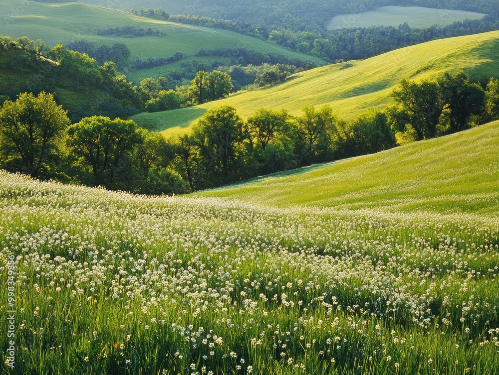 Rolling hills in spring, covered with fresh green grass and blooming wildflowers Rolling hills in spring, covered with fresh green grass and blooming wildflowers