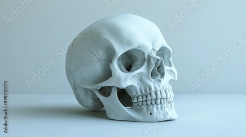 A white skull is sitting on a table