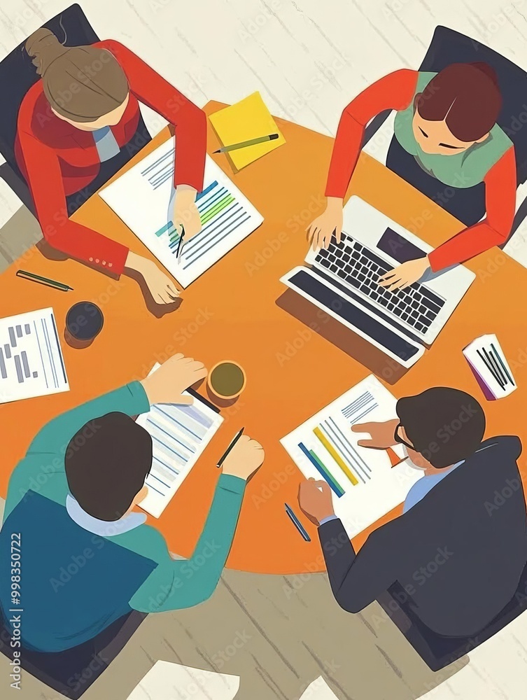 Fototapeta premium Three professionals collaborating in a meeting flat design top view business strategy theme animation vivid