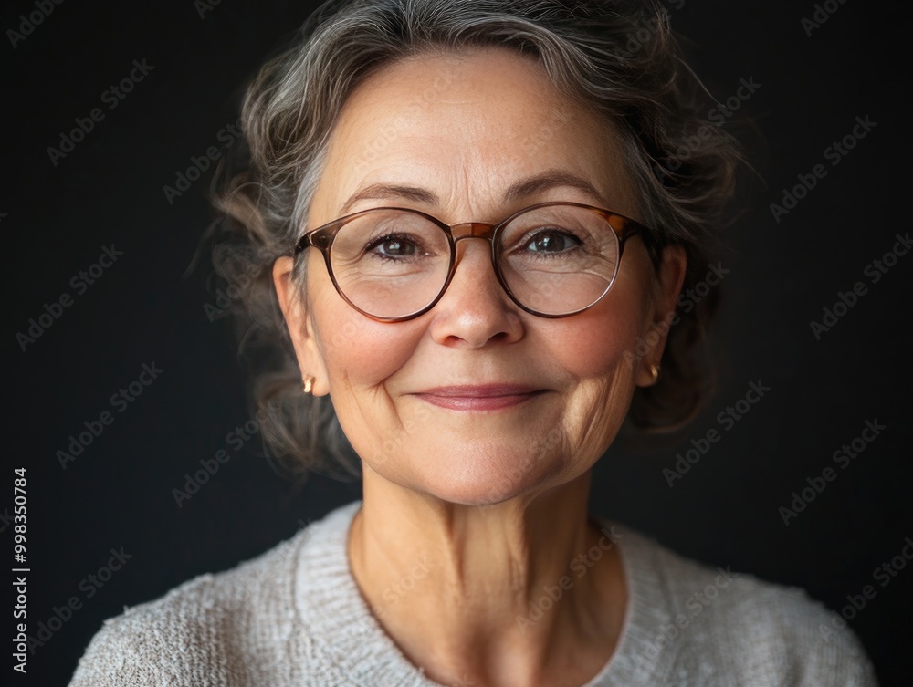 Senior woman smiling warmly, wearing glasses, with a peaceful and kind expression Senior woman smiling warmly, wearing glasses, with a peaceful and kind expression
