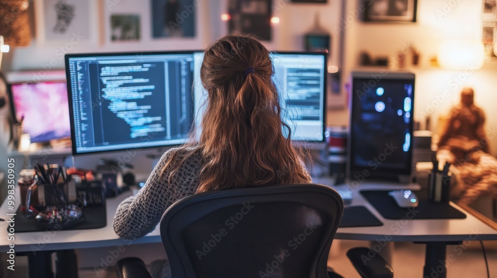 A person coding at a desk with multiple monitors in a dimly lit room.