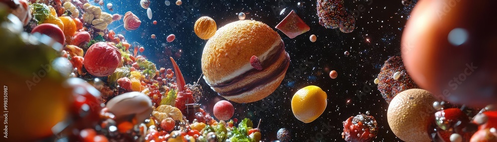 Worms-eye view of a cosmic kitchen, vibrant colorful ingredients floating in zero gravity, innovative starry lighting, culinary tools orbiting, surreal ambiance Worms-eye view of a cosmic kitchen, vibrant colorful ingredients floating in zero gravity, innovative starry lighting, culinary tools orbiting, surreal ambiance