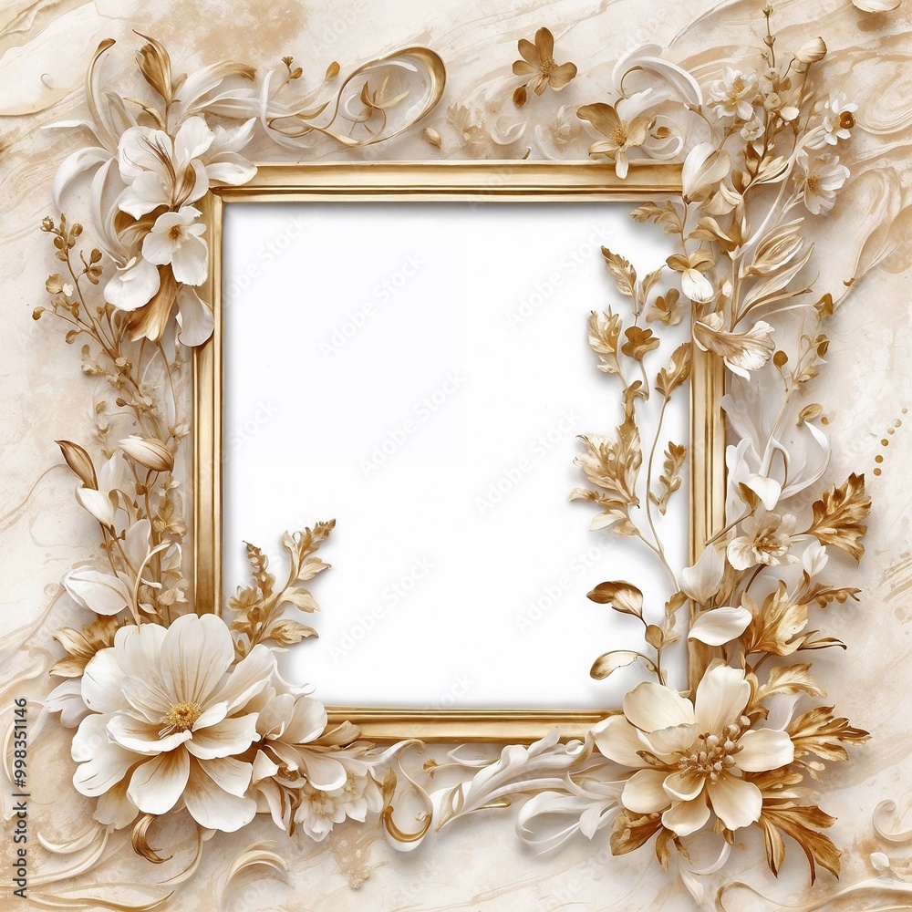 Elegant floral frame design featuring creamy flowers and golden accents for a decorative touch Elegant floral frame design featuring creamy flowers and golden accents for a decorative touch