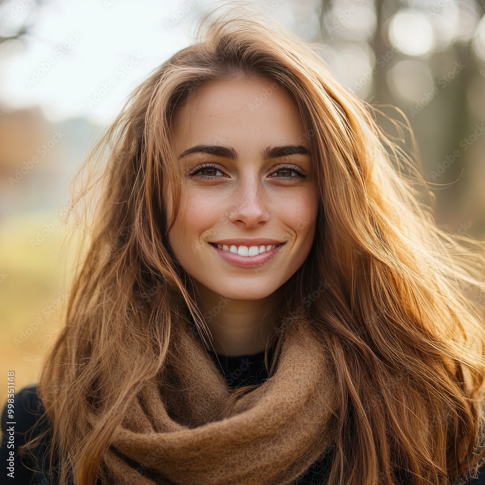 Smiling at the camera, a confident young woman outdoors, natural expression Smiling at the camera, a confident young woman outdoors, natural expression