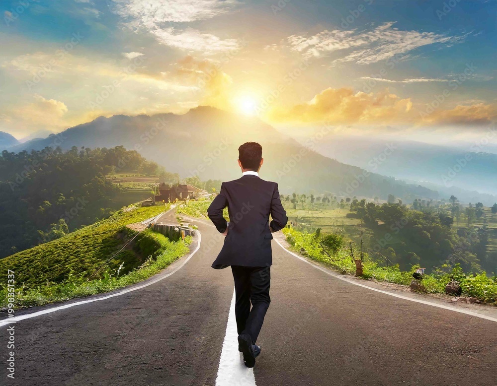 businessman walk on road and start to success businessman walk on road and start to success