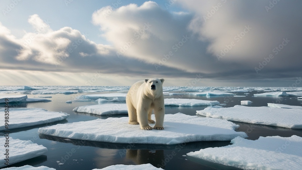 Frightened, a lone polar bear stands on an ice floe that has broken away from the land Frightened, a lone polar bear stands on an ice floe that has broken away from the land